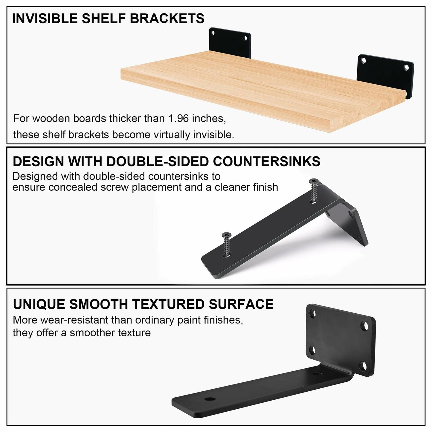 Shelf Brackets Heavy Duty Floating 6" Black Metal 6 Pack 1/5" Thick 160lb