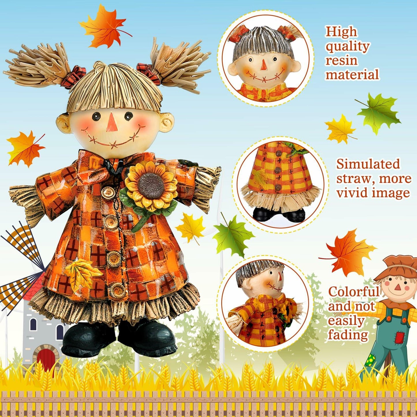 Moucuny 2 Pieces Harvest Scarecrow Resin Figurines Autumn Fall Decor