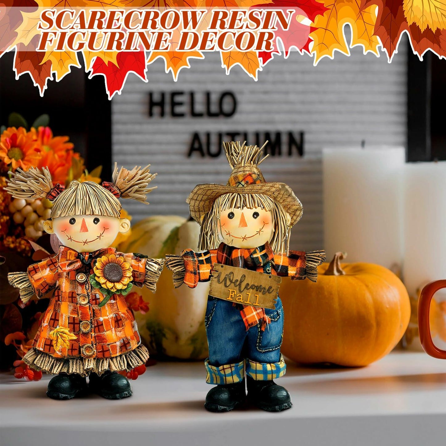 Moucuny 2 Pieces Harvest Scarecrow Resin Figurines Autumn Fall Decor