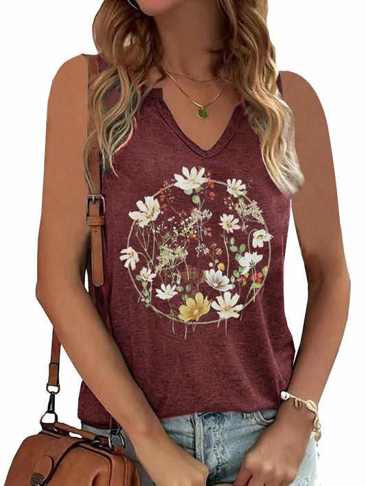 YIUIERE Womens Floral V Neck Tank Top Maroon Size XL
