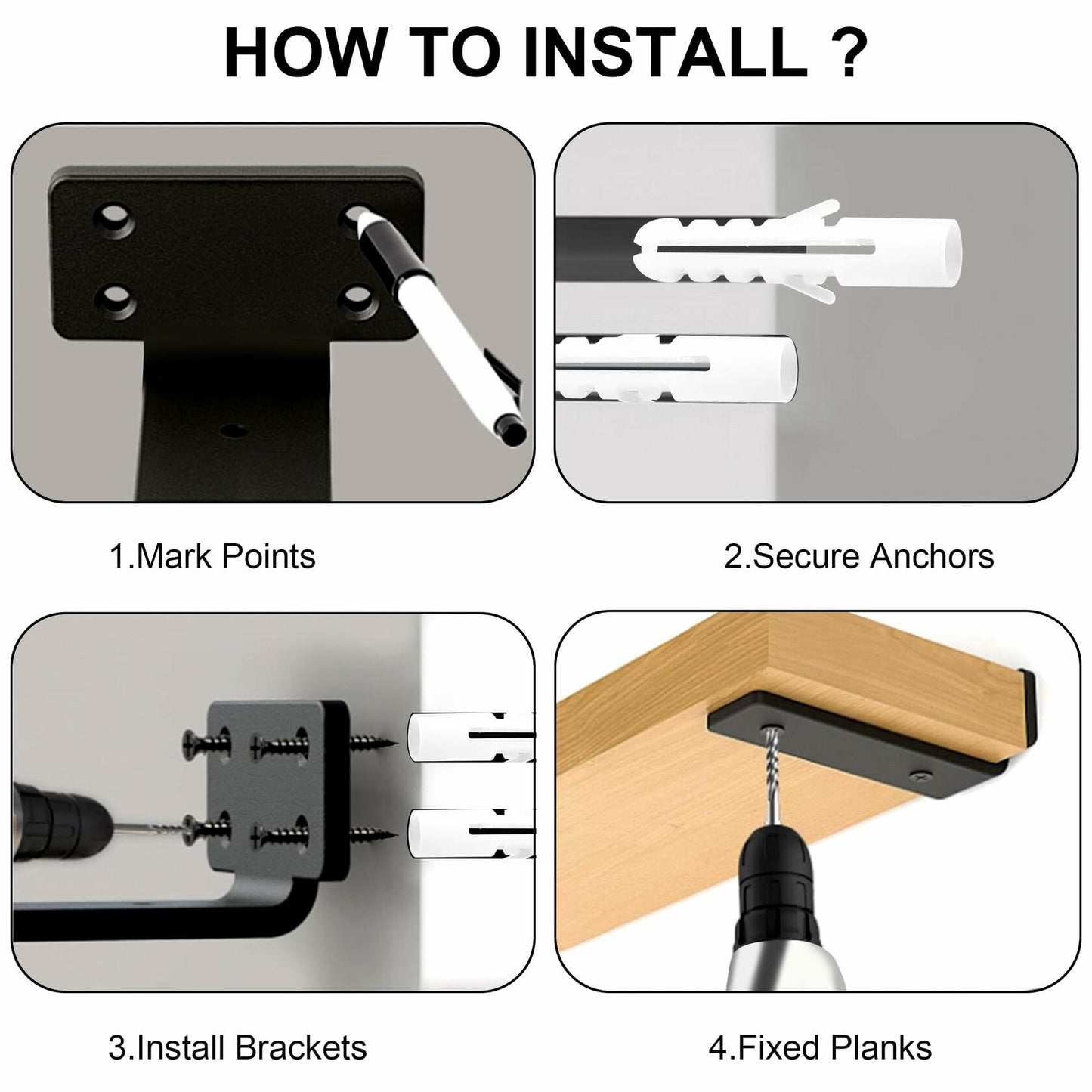 Shelf Brackets Heavy Duty Floating 6" Black Metal 6 Pack 1/5" Thick 160lb