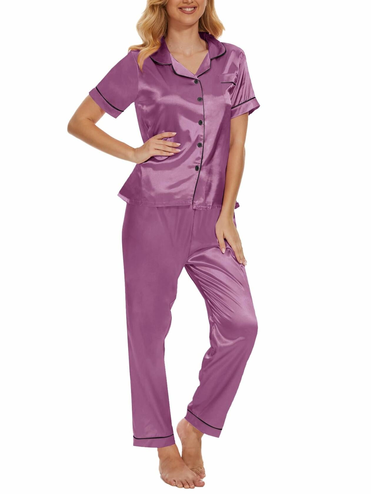 Women's Plus Size Pajama Set Short & Long Sleeve Top Pants Pastel Purple Size M