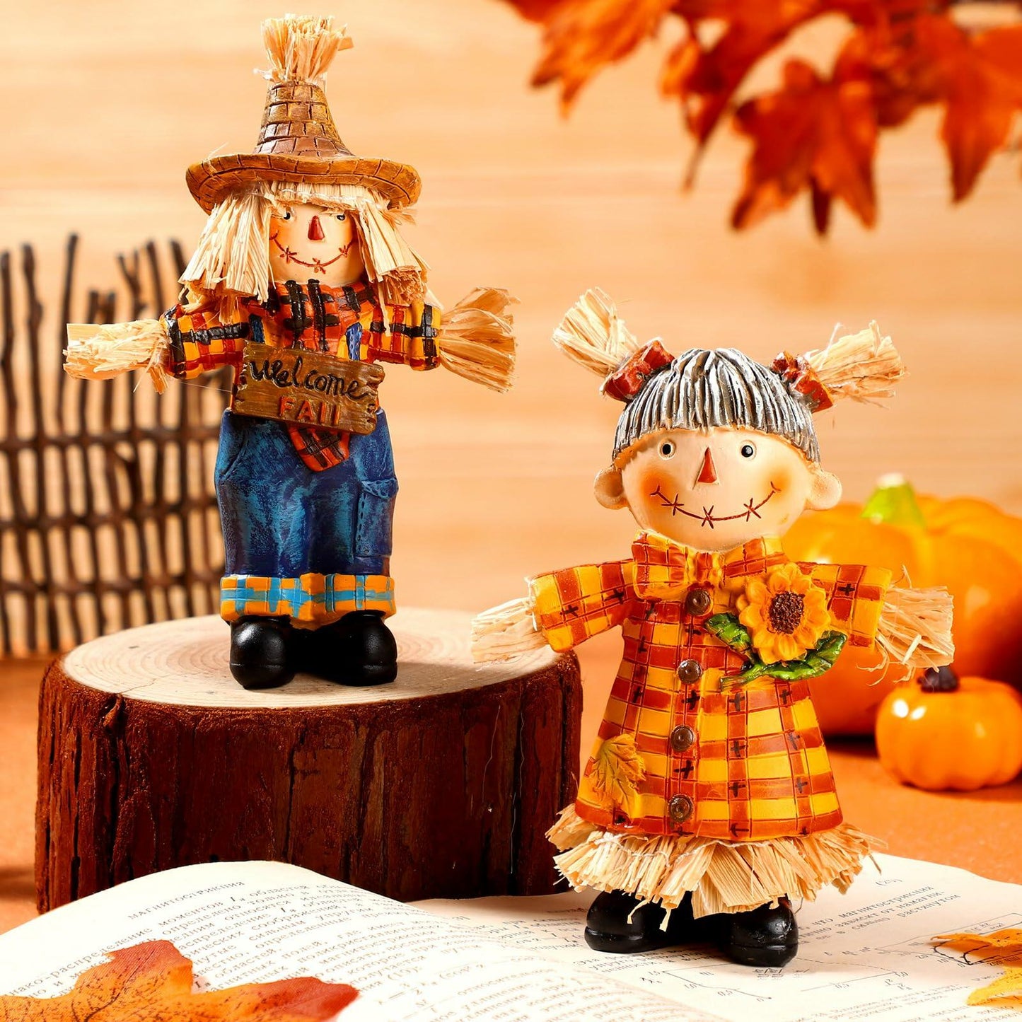 Moucuny 2 Pieces Harvest Scarecrow Resin Figurines Autumn Fall Decor