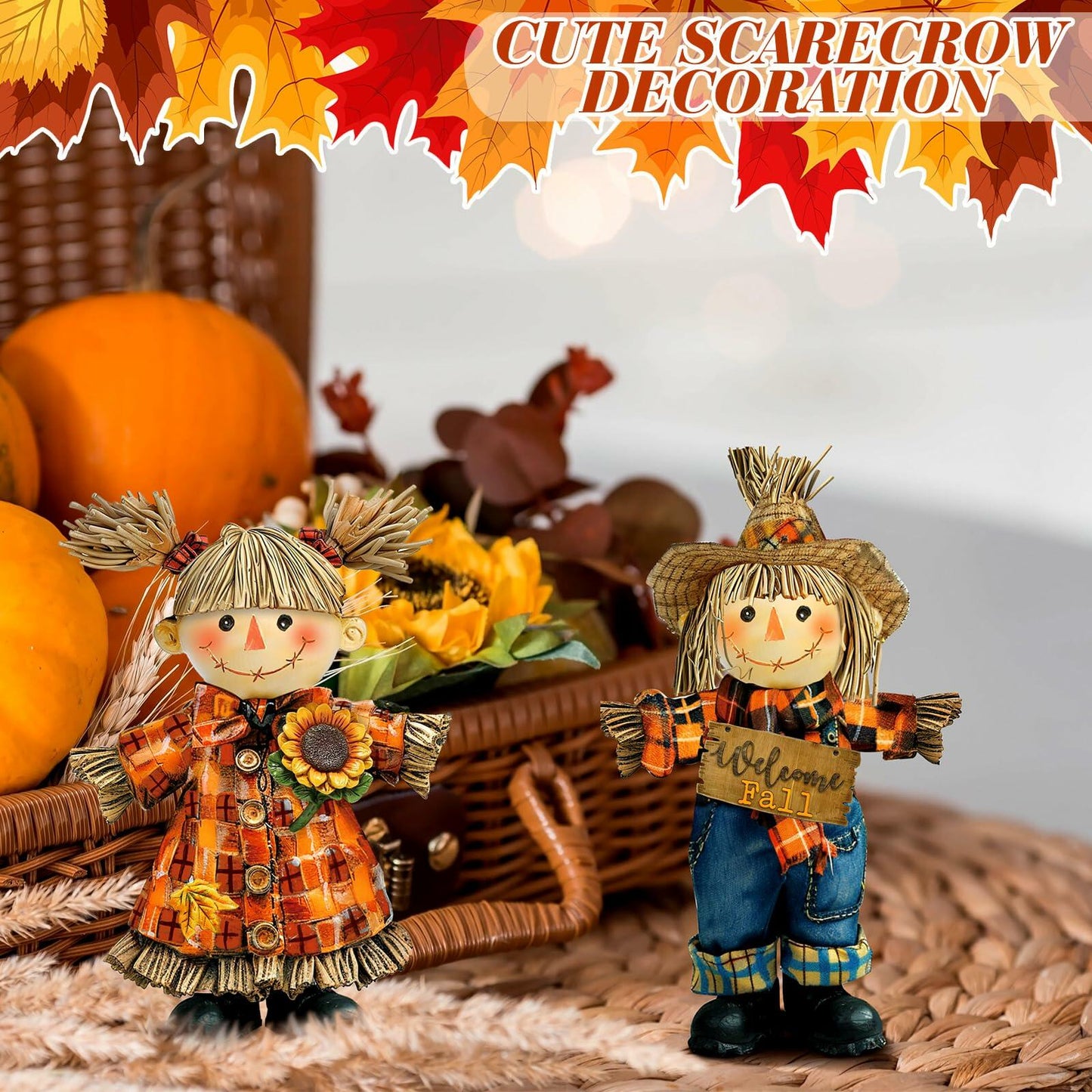 Moucuny 2 Pieces Harvest Scarecrow Resin Figurines Autumn Fall Decor