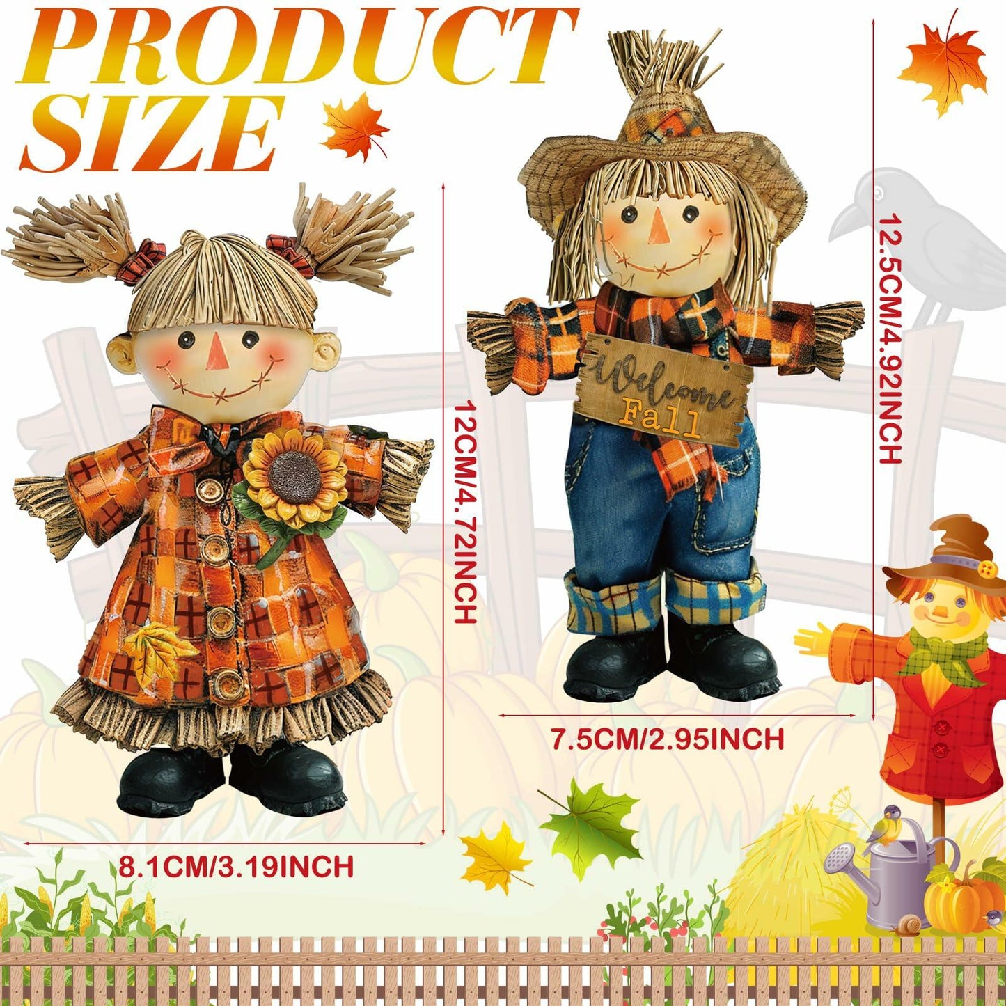 Moucuny 2 Pieces Harvest Scarecrow Resin Figurines Autumn Fall Decor