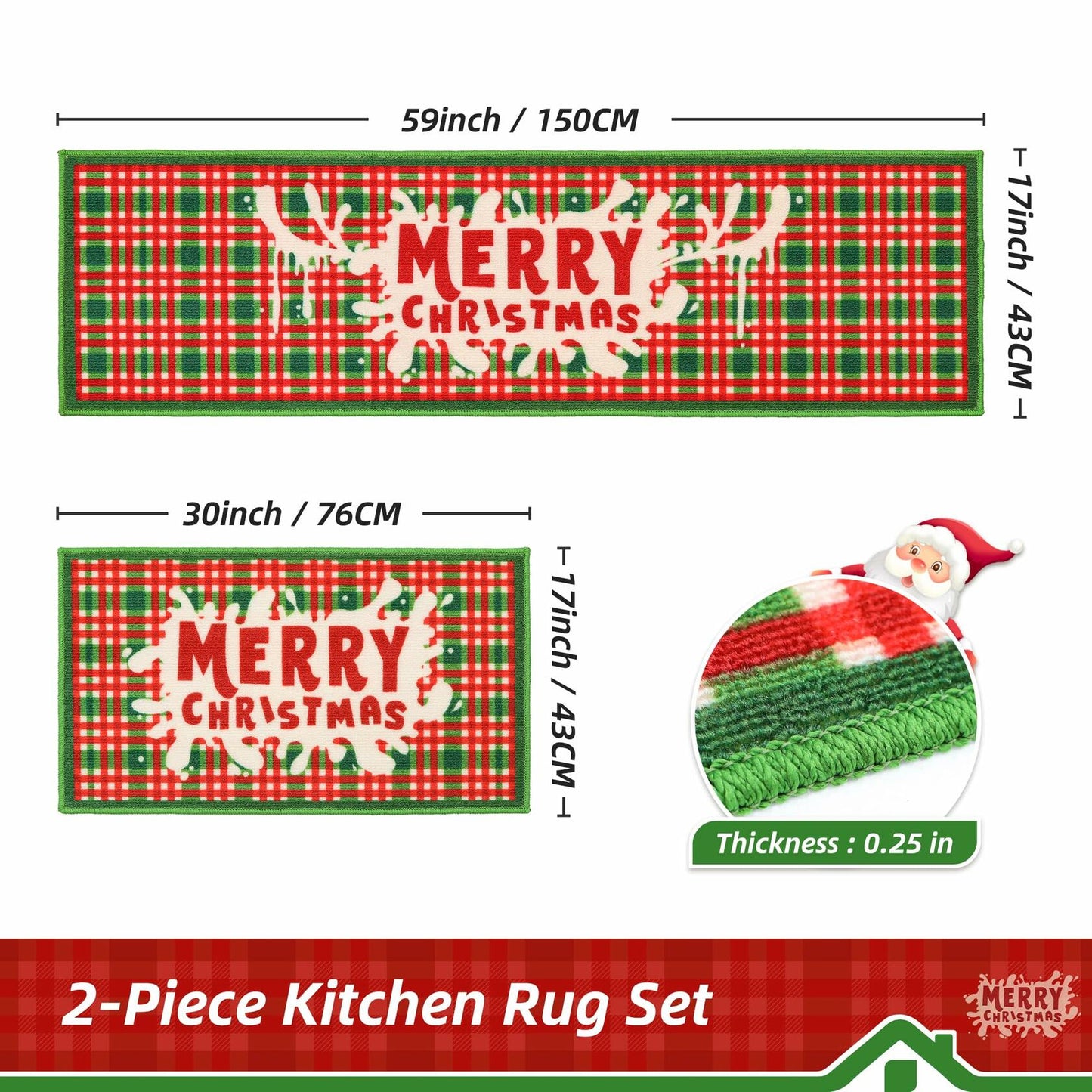 BEQHAUSE Christmas Kitchen Rugs Buffalo Plaid Non Slip Washable 17x30+17x59