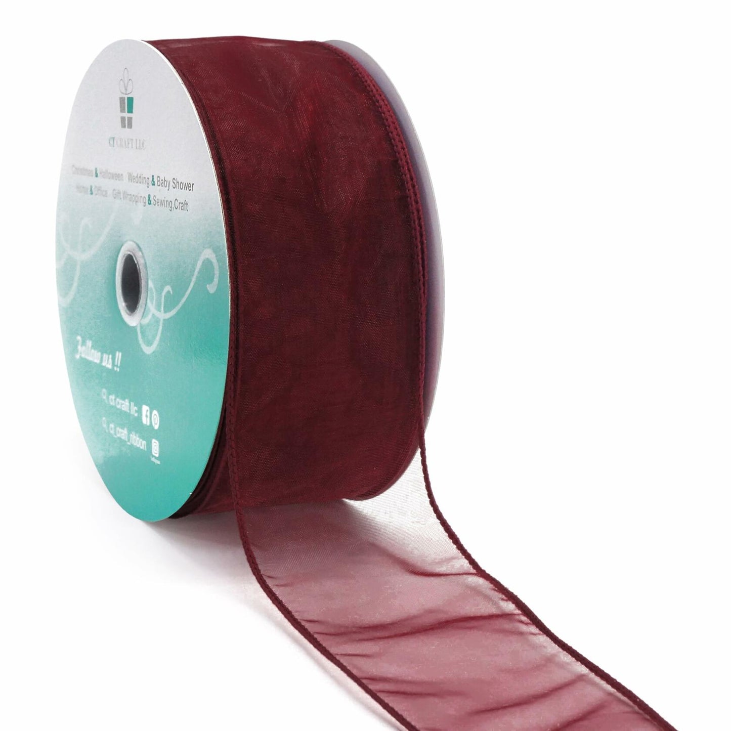 CT CRAFT LLC Sheer Organza Wired Ribbon 2.5" x 50 Yards Burgundy