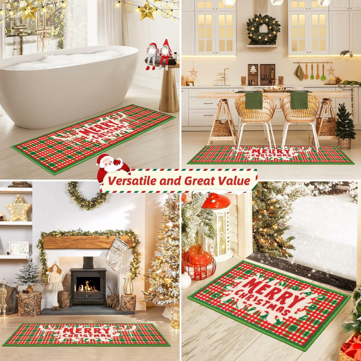 BEQHAUSE Christmas Kitchen Rugs Buffalo Plaid Non Slip Washable 17x30+17x59