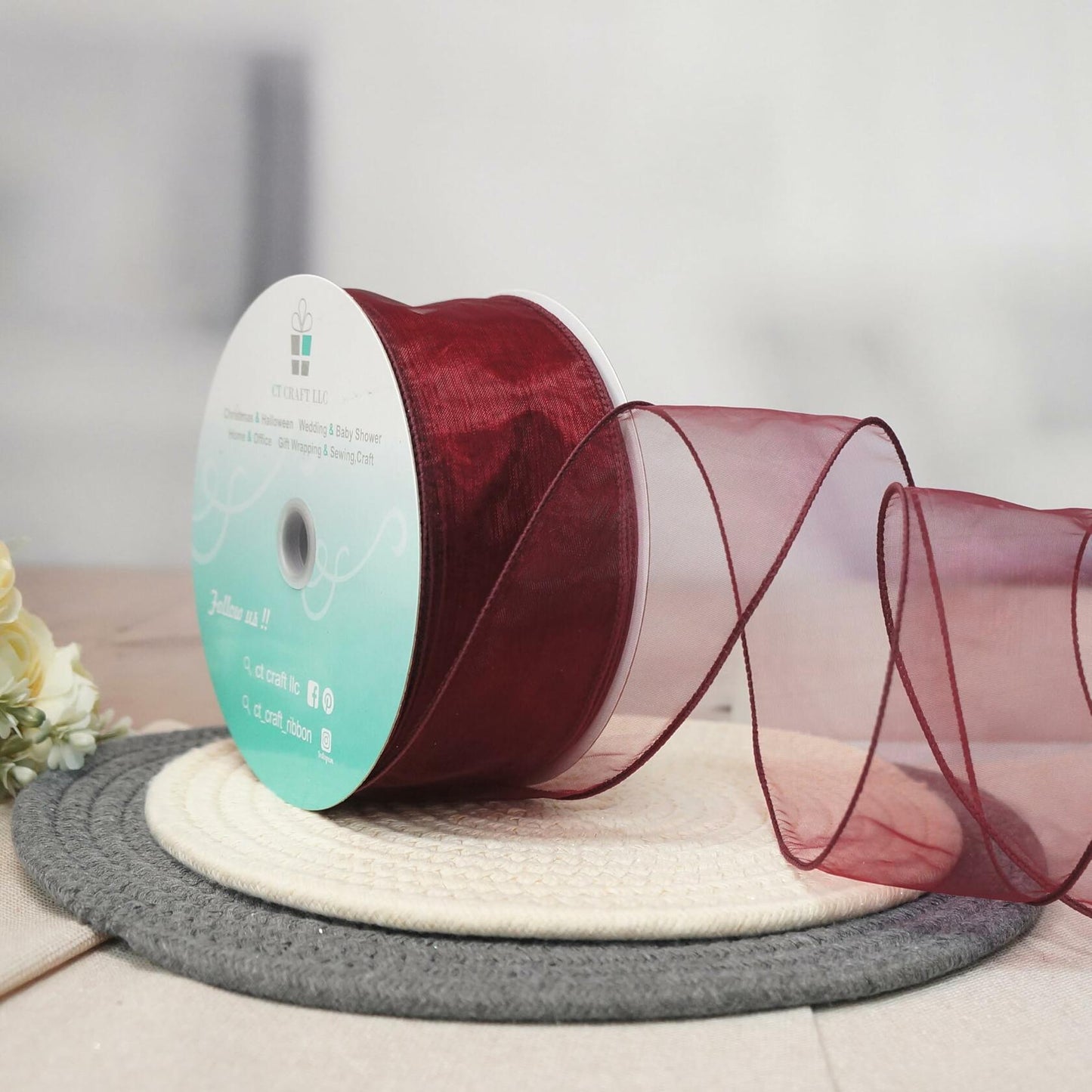 CT CRAFT LLC Sheer Organza Wired Ribbon 2.5" x 50 Yards Burgundy