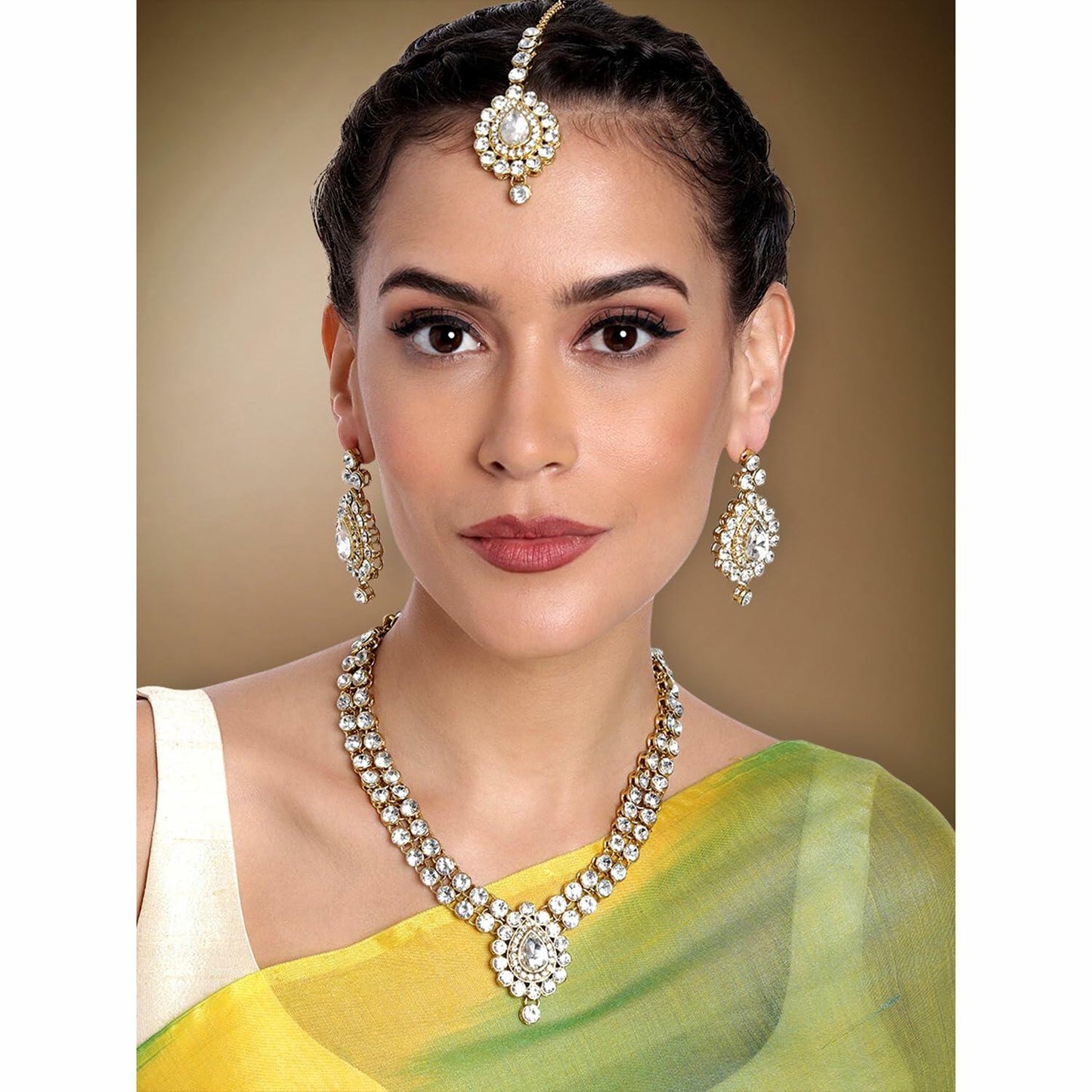 Aheli Indian Wedding Wear Faux Stone Necklace with Maang Tikka Set Women