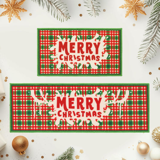 BEQHAUSE Christmas Kitchen Rugs Buffalo Plaid Non Slip Washable 17x30+17x59