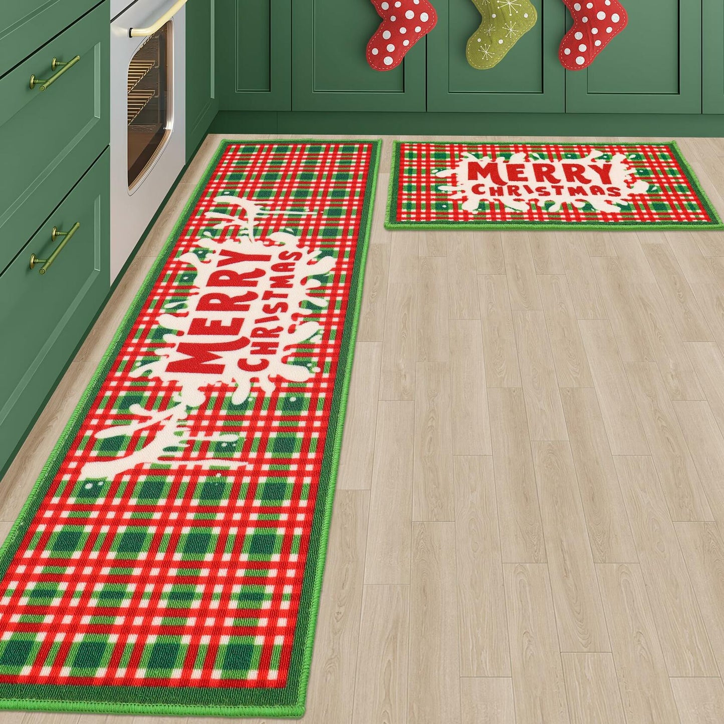 BEQHAUSE Christmas Kitchen Rugs Buffalo Plaid Non Slip Washable 17x30+17x59
