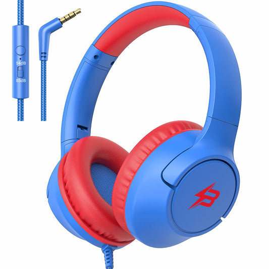 Kids Wired Headphones Over Ear with Mic 85/94dB Volume Limit Blue
