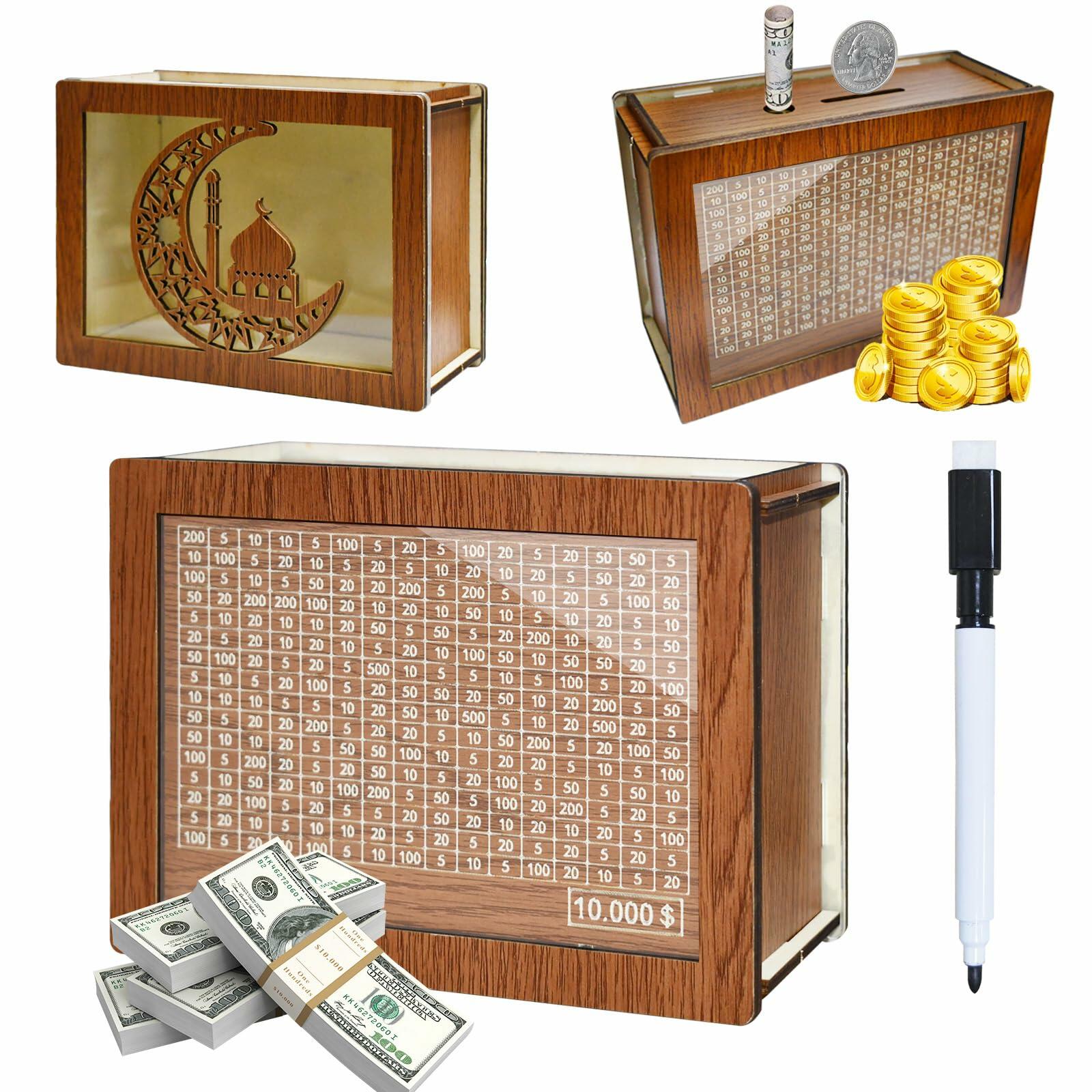 Kendyy Wooden Piggy Bank Countdown Cash Vault Brown Moon $10000