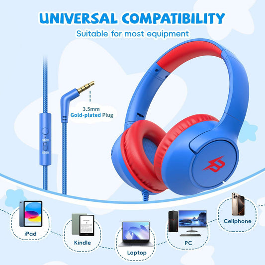 Kids Wired Headphones Over Ear with Mic 85/94dB Volume Limit Blue