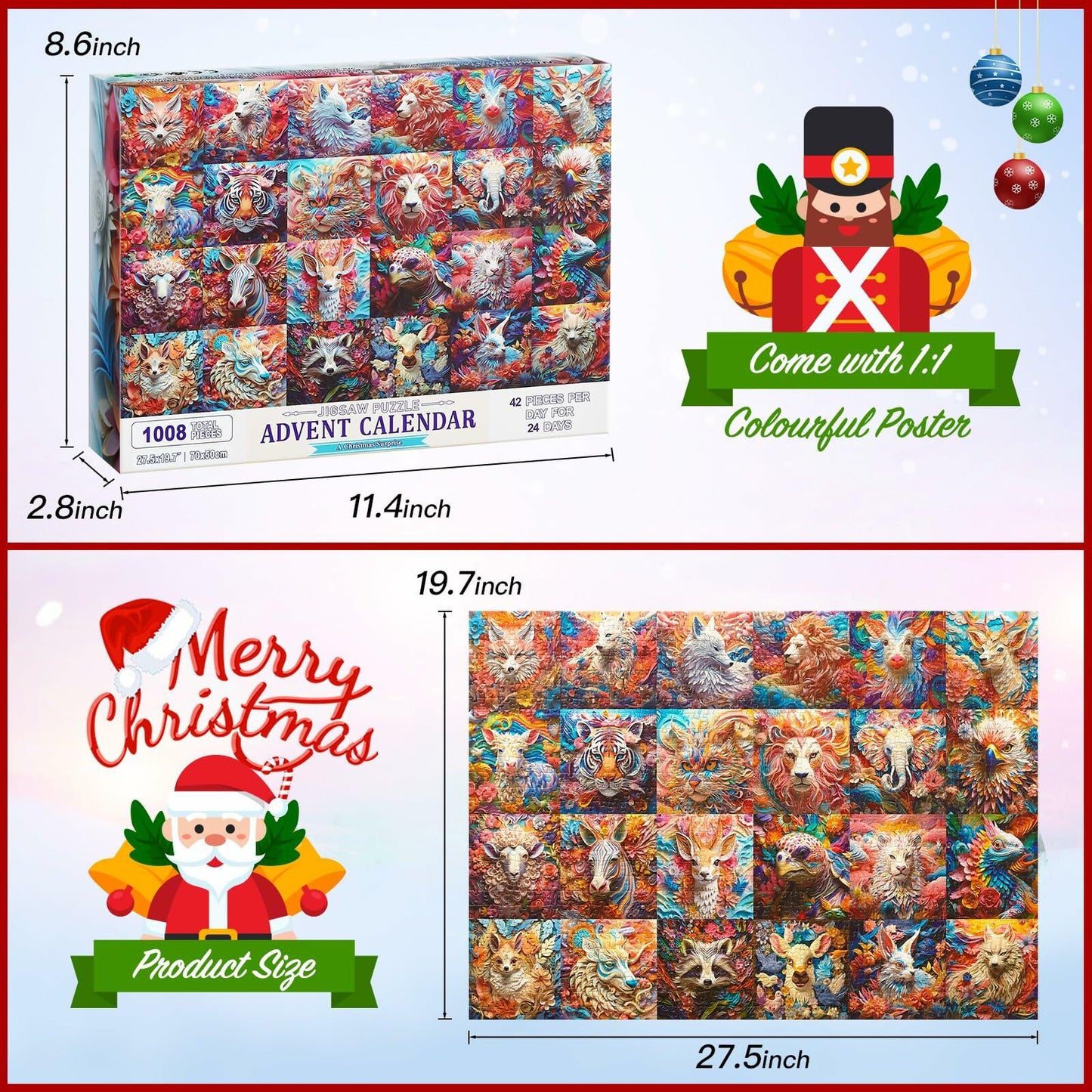 Advent Calendar Puzzle 2024 3D Animal Jigsaw 1008 Pieces Christmas Countdown