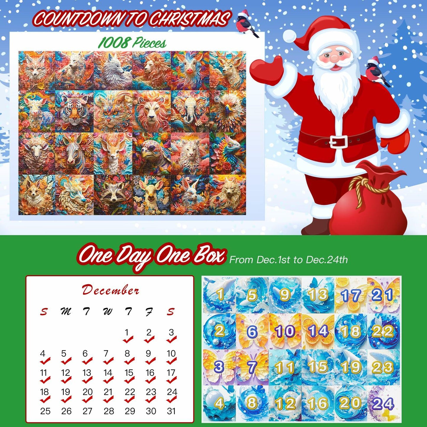 Advent Calendar Puzzle 2024 3D Animal Jigsaw 1008 Pieces Christmas Countdown