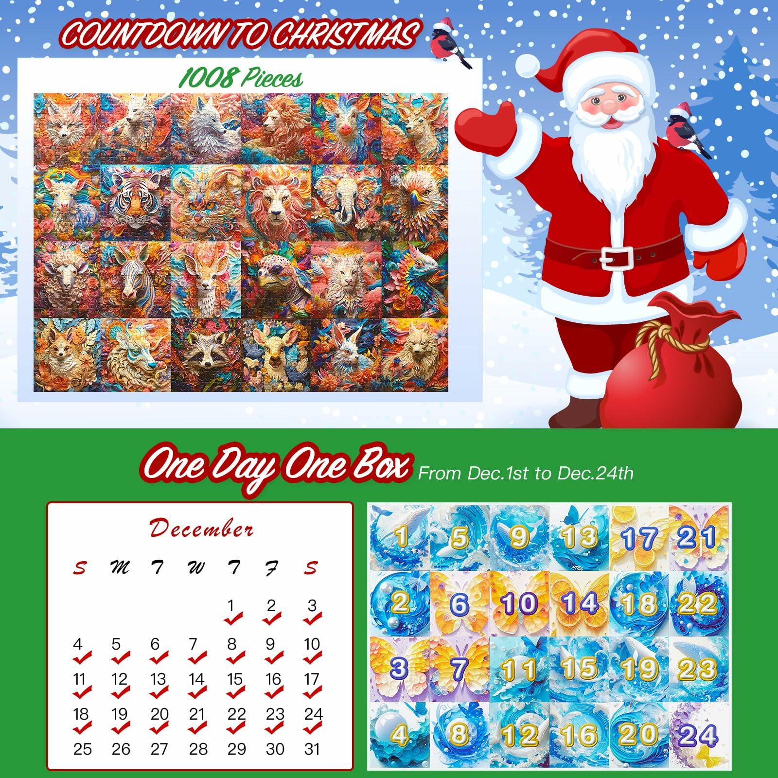 Advent Calendar Puzzle 2024 3D Animal Jigsaw 1008 Pieces Christmas Countdown