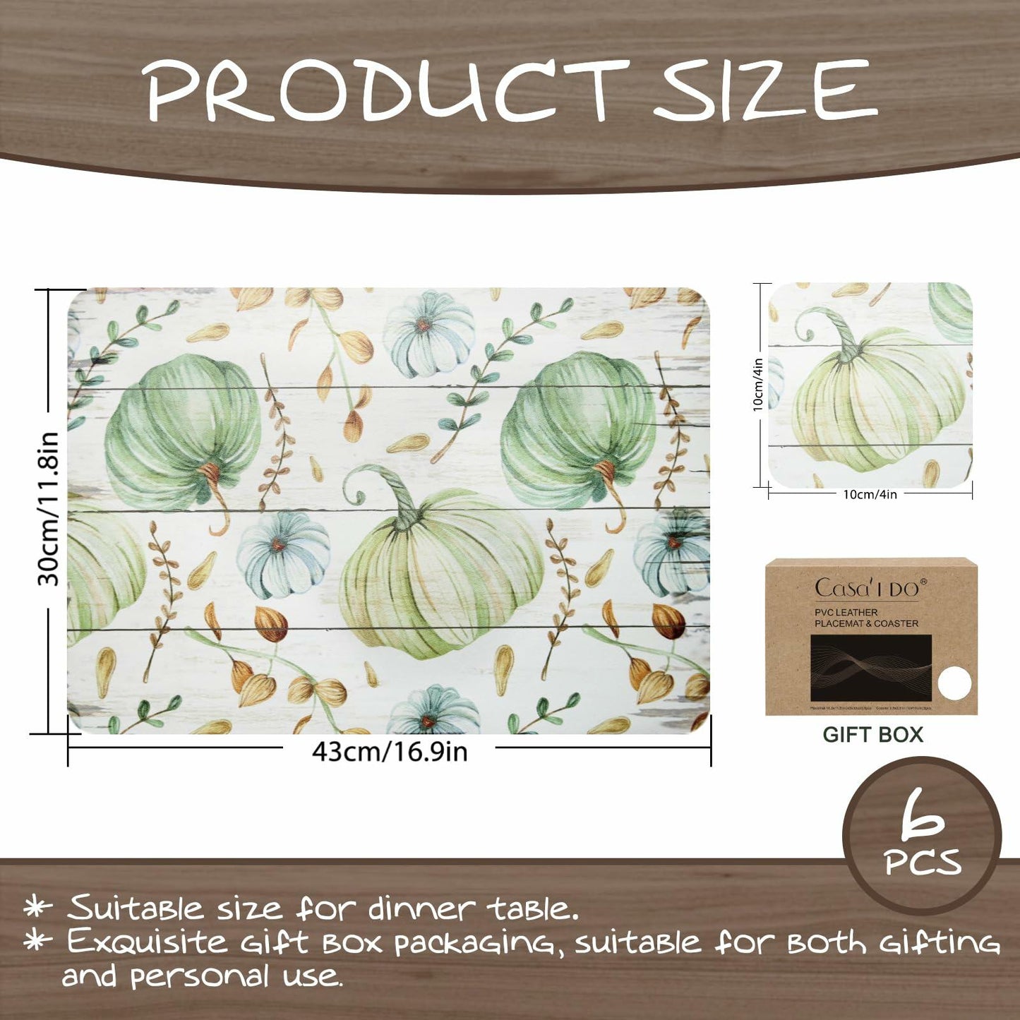 Casaido Pumpkin Dining Table Place Mats Set of 6 Waterproof 17x12 Inches