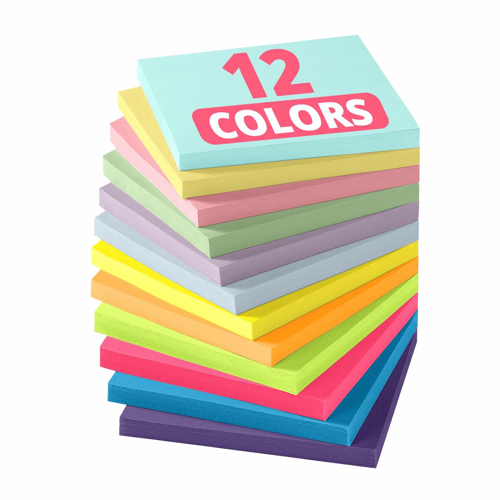 Sticky Notes 3x3in 12 Pads Vibrant Colors Easy to Stick School Office Home