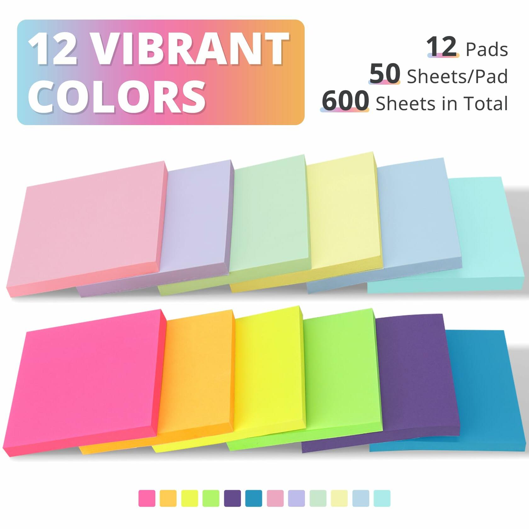 Sticky Notes 3x3in 12 Pads Vibrant Colors Easy to Stick School Office Home