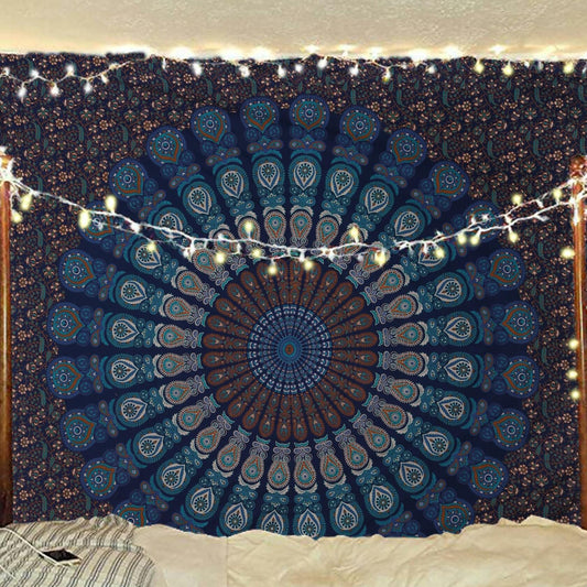 Bless Intl Peacock Mandala Tapestry King Size 88x104" Blue Green Boho Decor
