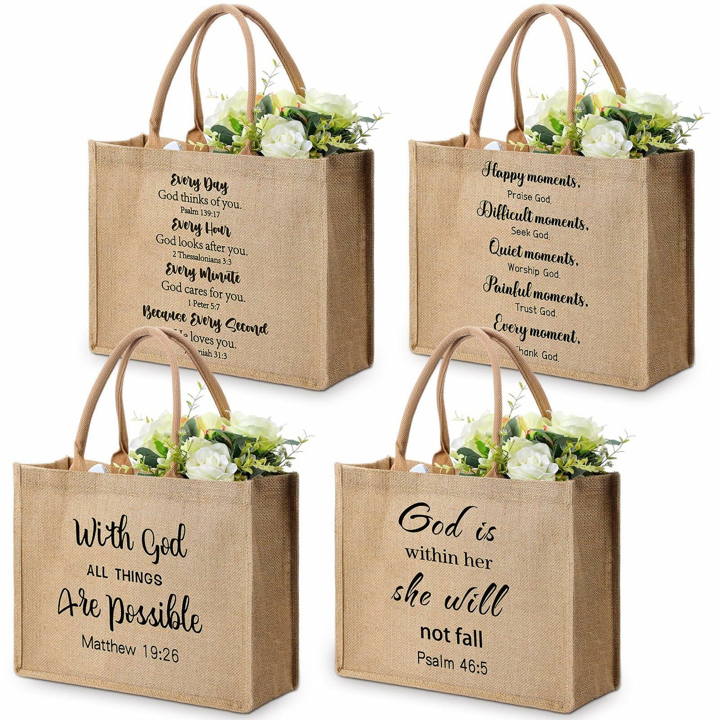 4 Pack Church Mother's Day Burlap Tote Bags 15.3x12x6 Inch Brown Handle