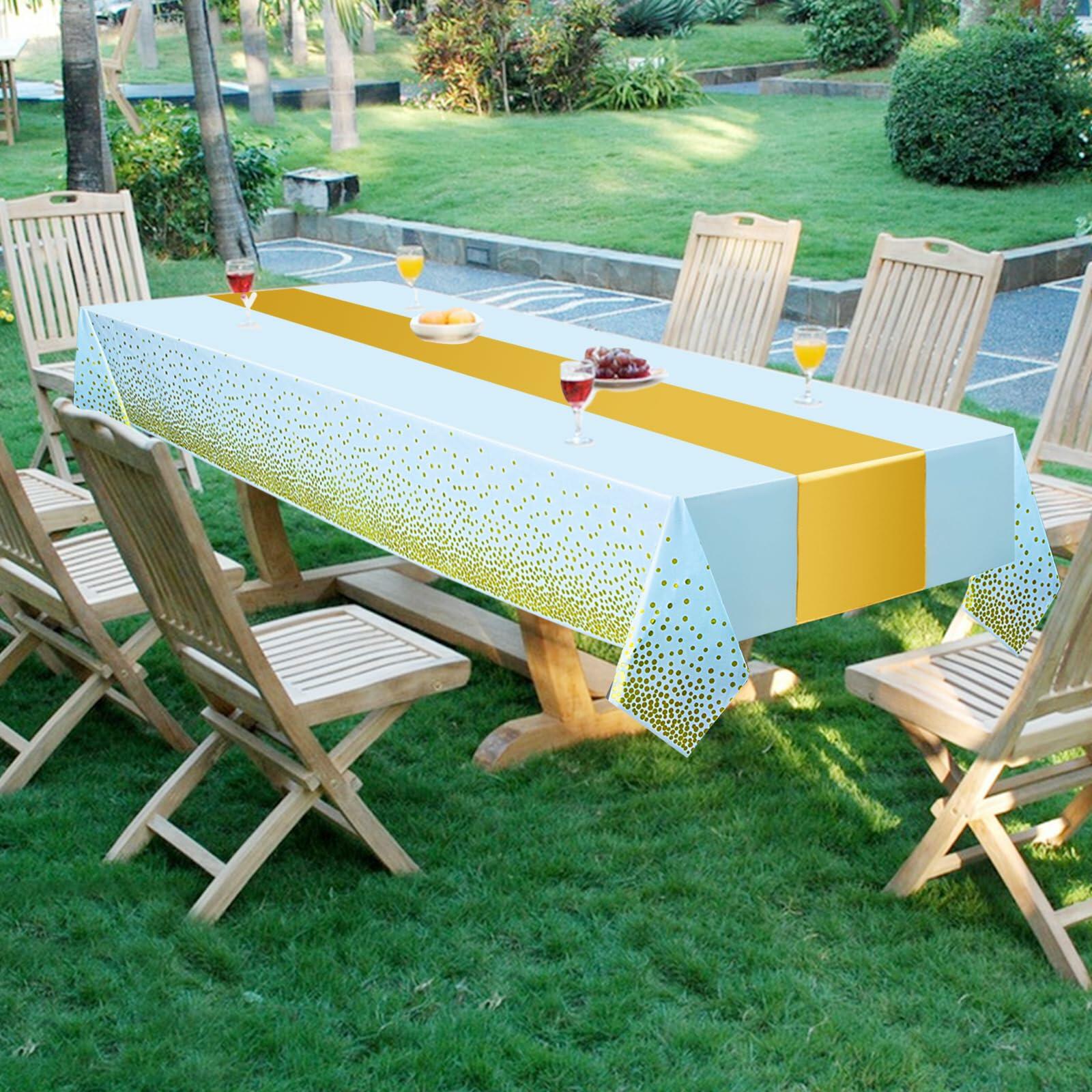 WDF 16Pack Blue Gold Plastic Tablecloths 54x108in & Runners 12x108in
