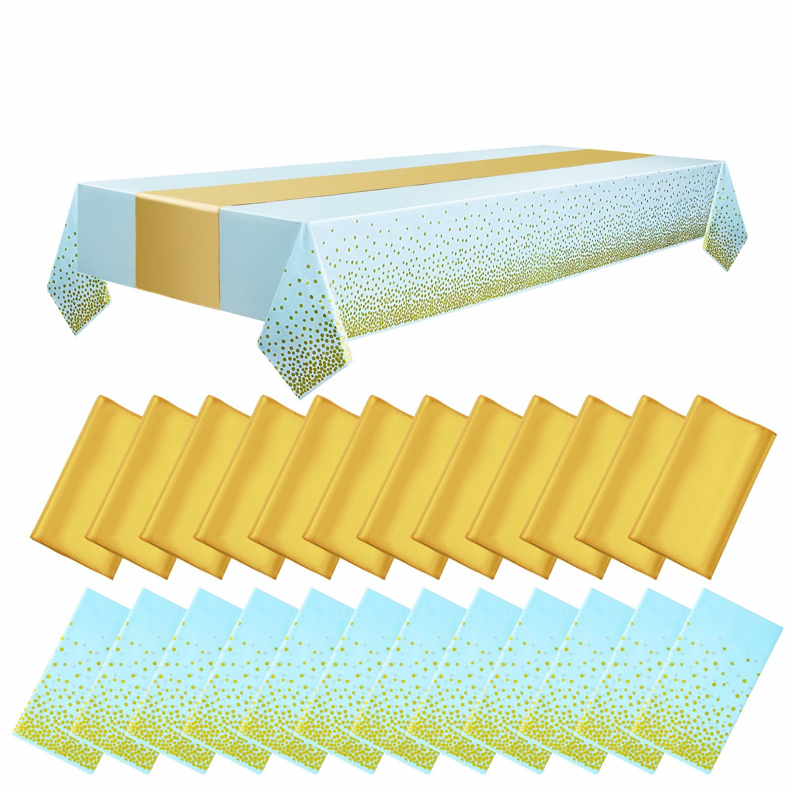 WDF 16Pack Blue Gold Plastic Tablecloths 54x108in & Runners 12x108in