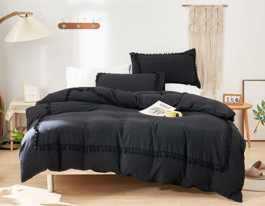 SOUKECHY Boho Chic Full Duvet Cover 3PC Tufted Tassel Fringe Boho Blue Full
