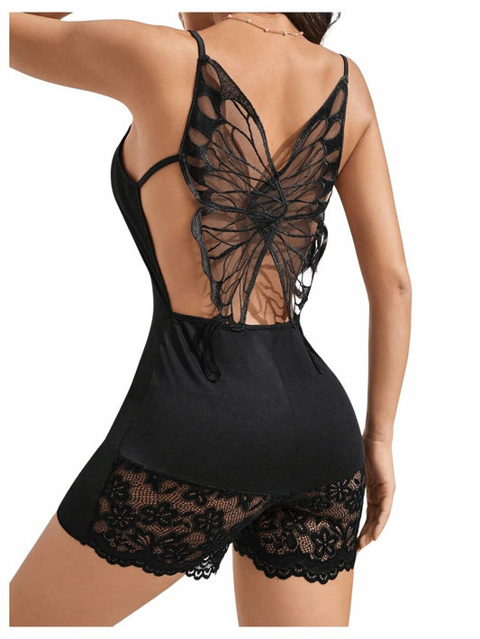 MakeMeChic Women's Lace Trim One Piece Sleepwear Romper Floral Black XL