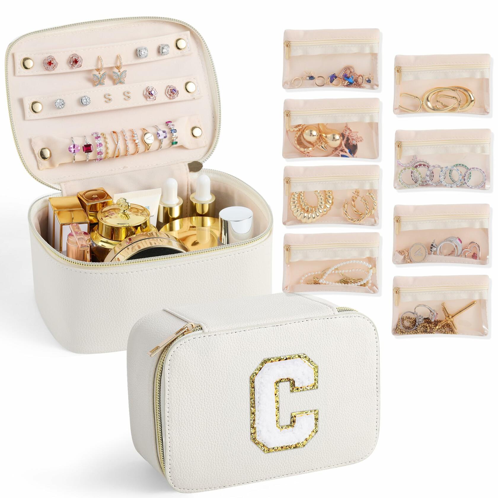 Parima Personalized Initial Makeup Bag Travel Jewelry Organizer Letter C White