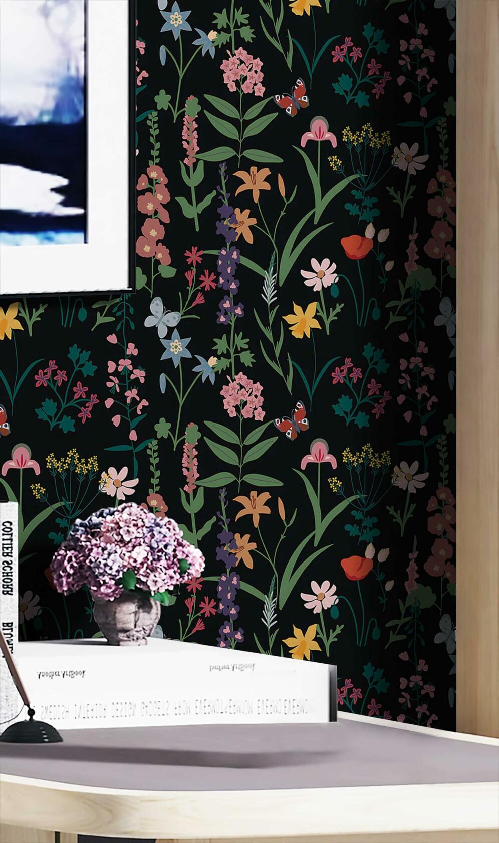 Dimoon 236x16.1 Floral Peel and Stick Wallpaper Black Green Waterproof