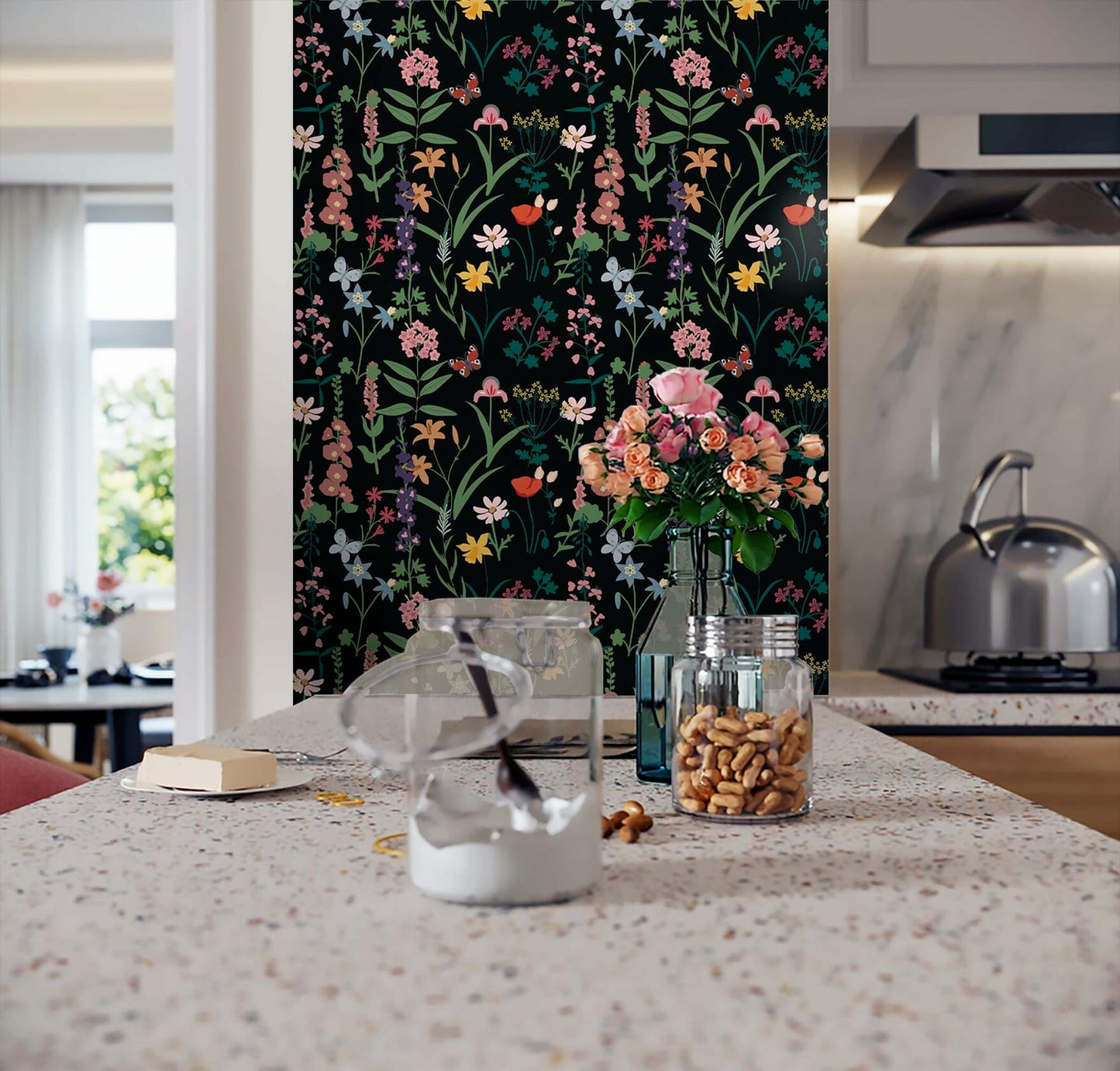 Dimoon 236x16.1 Floral Peel and Stick Wallpaper Black Green Waterproof