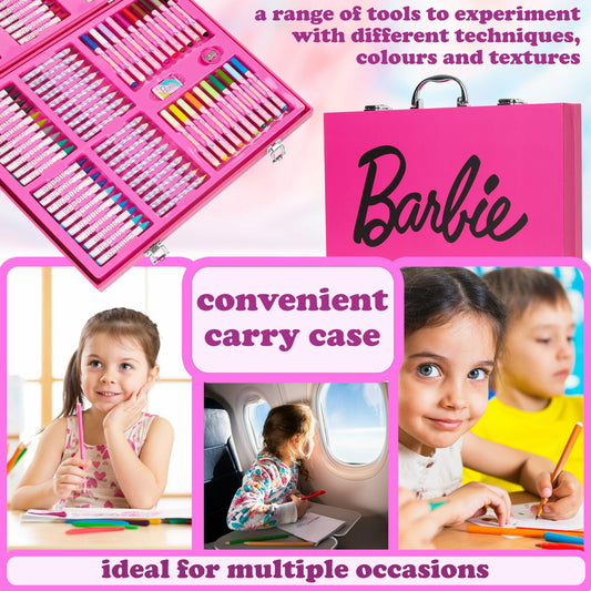 Barbie Colored Pencils & Markers Art Set 130+ Pcs Kids 4-12 Drawing Case