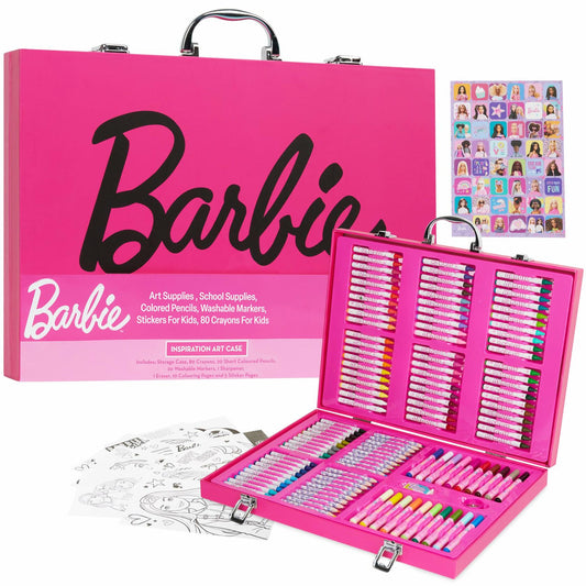 Barbie Colored Pencils & Markers Art Set 130+ Pcs Kids 4-12 Drawing Case