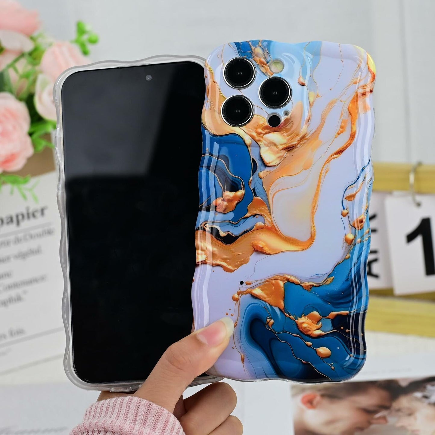 DORAFIN iPhone 15 Pro Case 6.1 Marble Glossy Shockproof TPU Blue/Gold