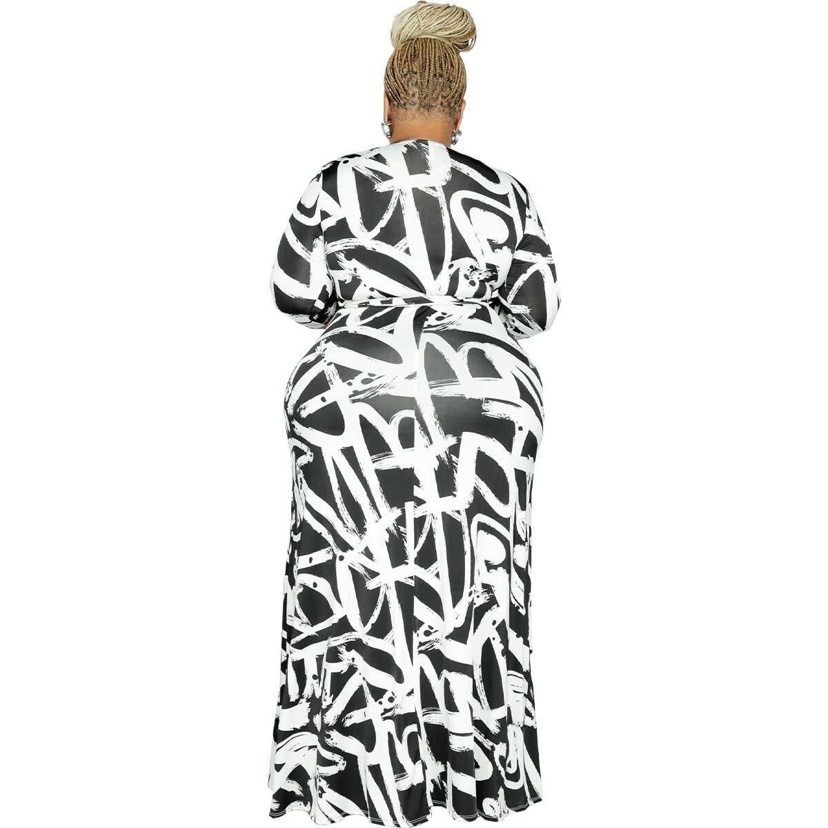 BFFBABY Sexy Wrap V Neck 3/4 Sleeve Chain Print Maxi Dress with Belt Size 5XL