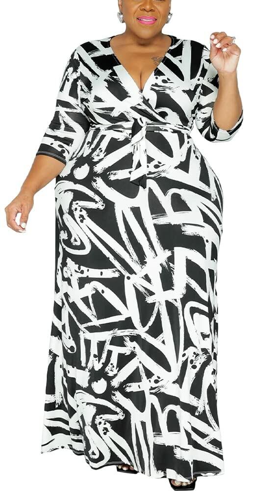 BFFBABY Sexy Wrap V Neck 3/4 Sleeve Chain Print Maxi Dress with Belt Size 5XL