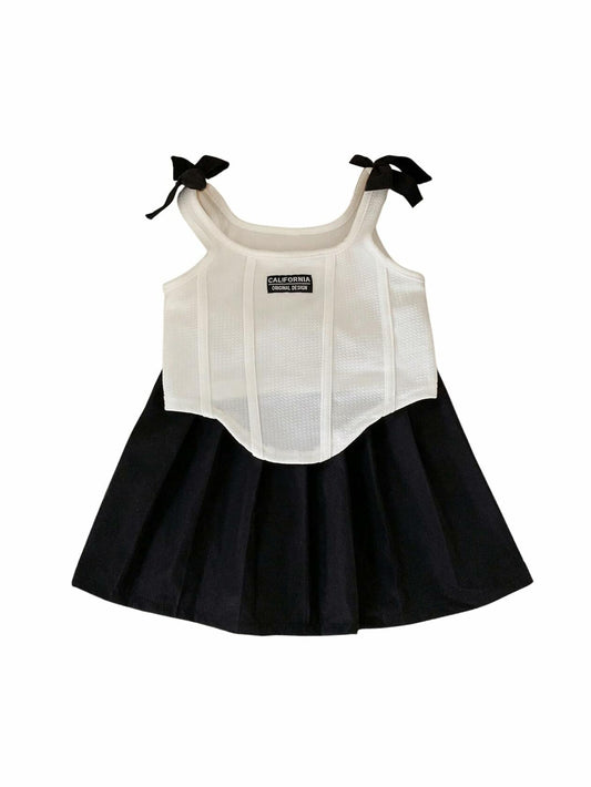 GORGLITTER Girl's 2PC Summer Outfit Bow Tie Crop Tank Pleated Skirt Black 4Y