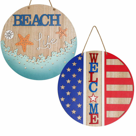 DECSPAS 12in Double Sided Welcome Door Sign Patriotic Wreath Red White Blue