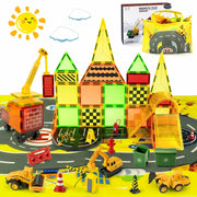 Magnetic Tiles Kids Construction Toys with Trucks Road Signs Mat Storage Bag