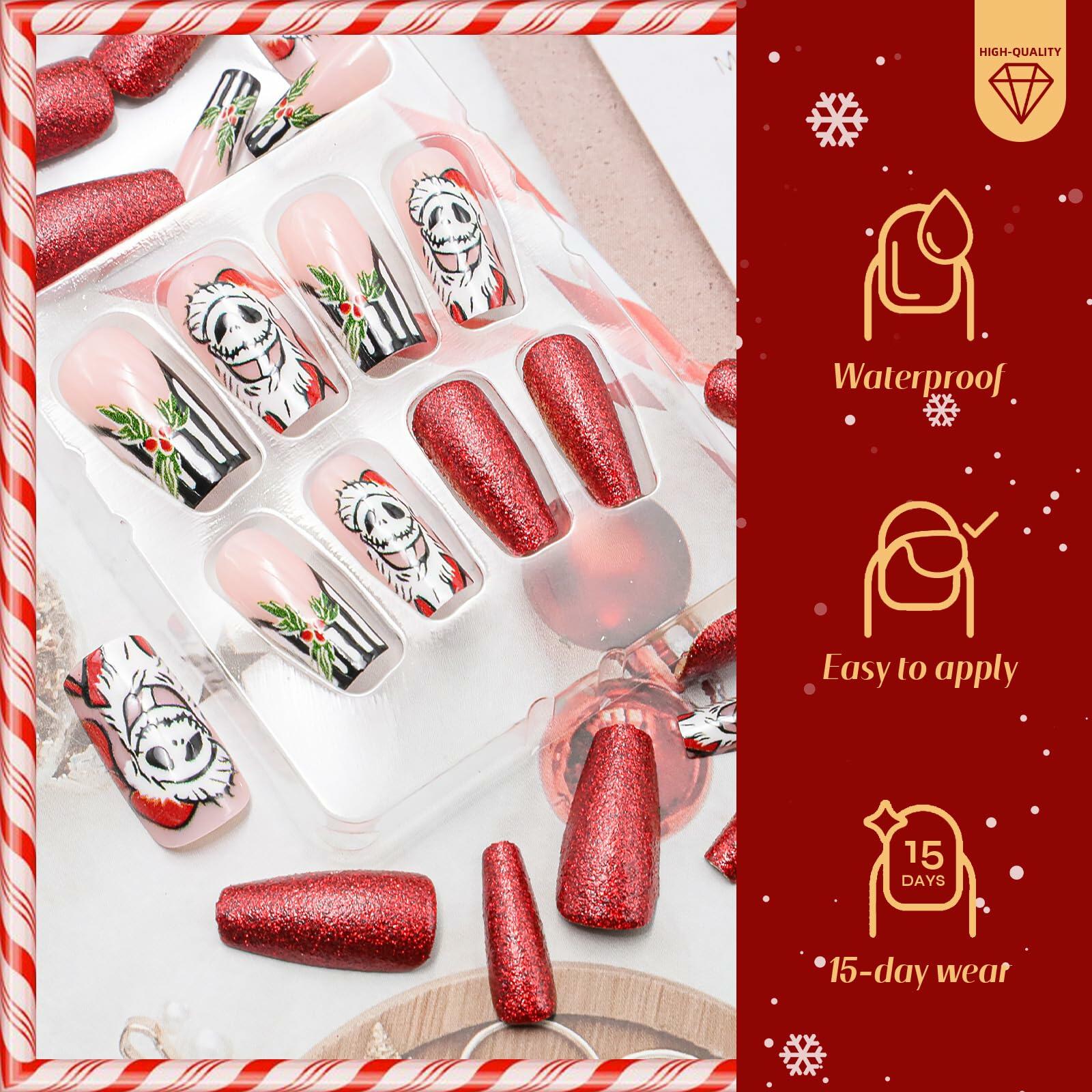 24Pcs Christmas Press On Nails Medium Square Acrylic False Nails Xmas Design