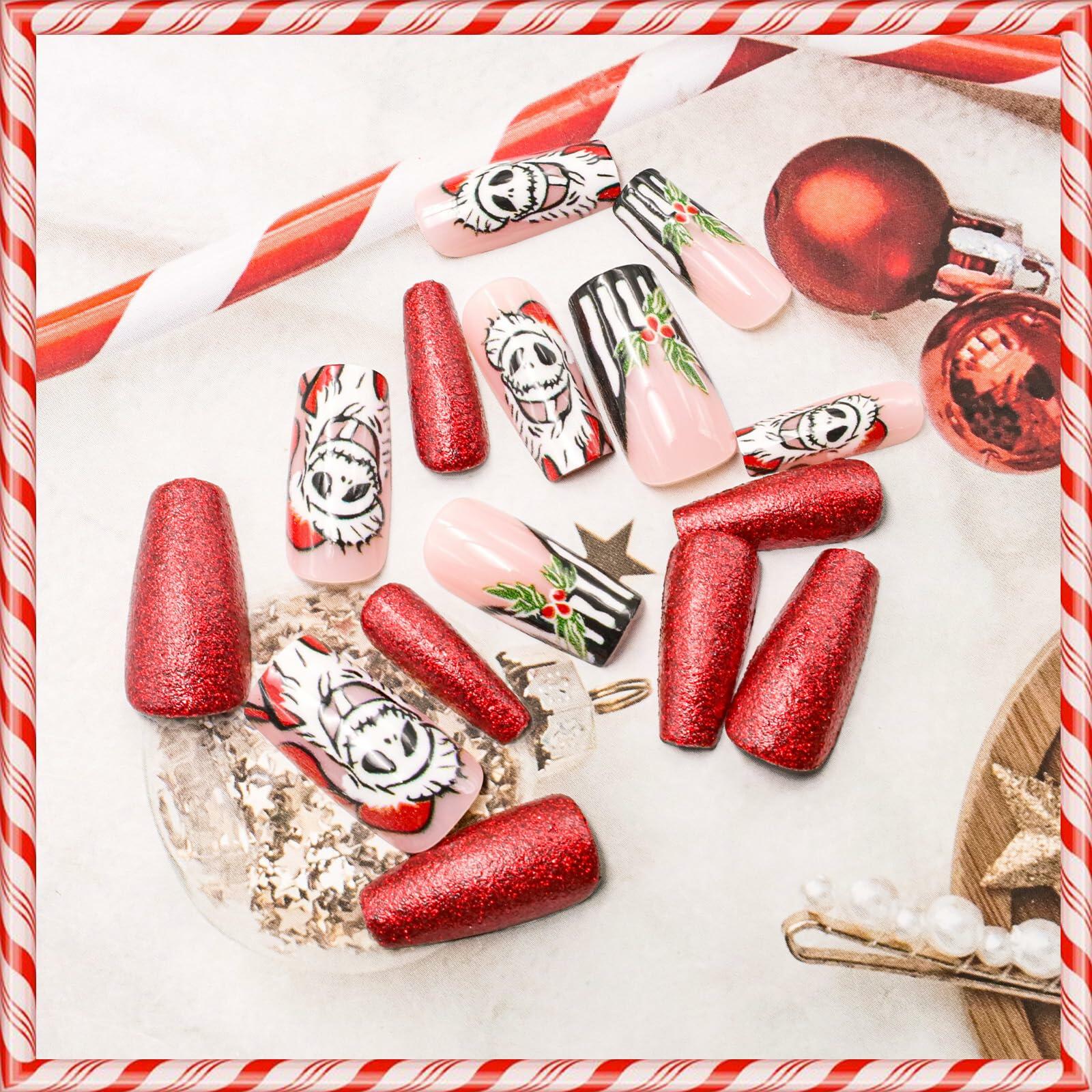 24Pcs Christmas Press On Nails Medium Square Acrylic False Nails Xmas Design