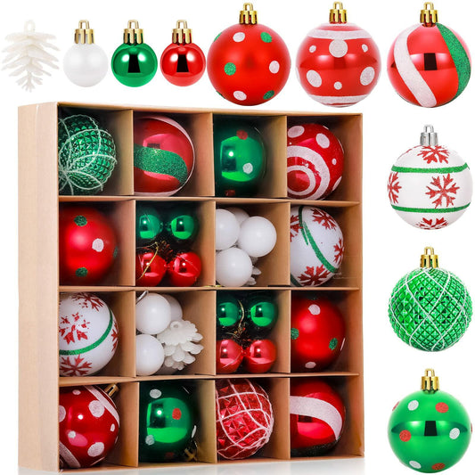 42 Pc Christmas Tree Balls Ornaments Glitter 2.36" & 1.18" Red Green White
