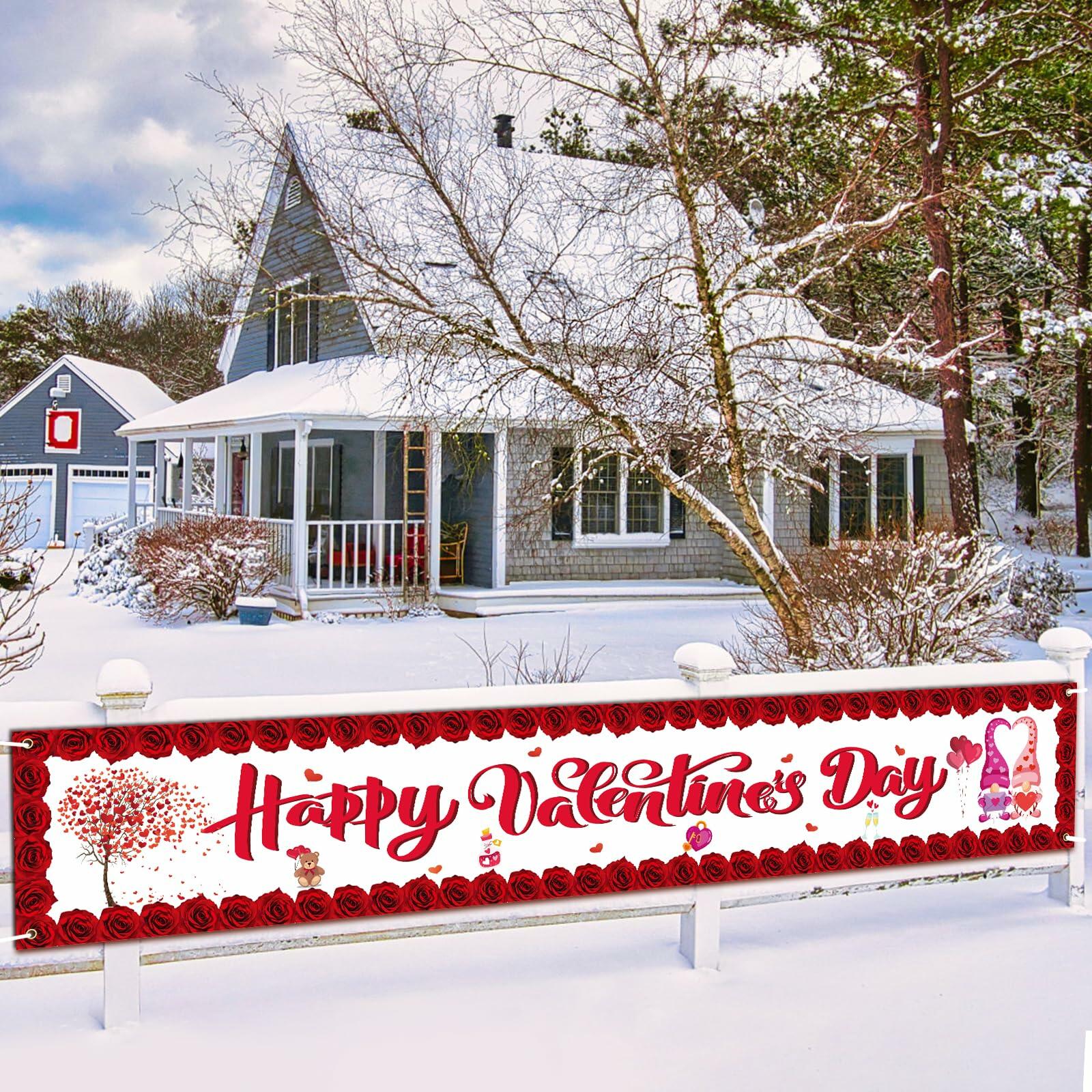 RGISHOP Valentine's Day Banner 9.8x1.6ft Rose Hearts Gnomes Decoration