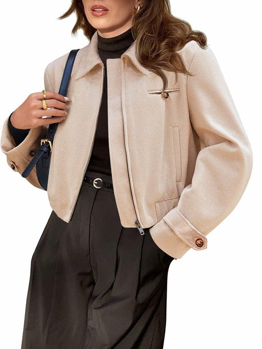 Cicy Bell Womens Cropped Tweed Blazer Zip Up Jacket Beige Size L