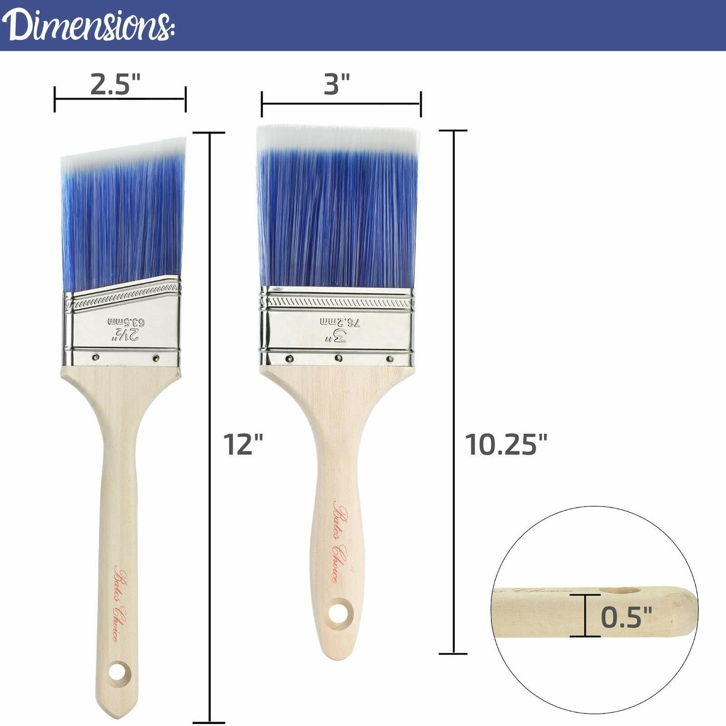 Bates Wood Handle Paint Brushes Set 3" & 2.5" 2 Pack Professional Trim