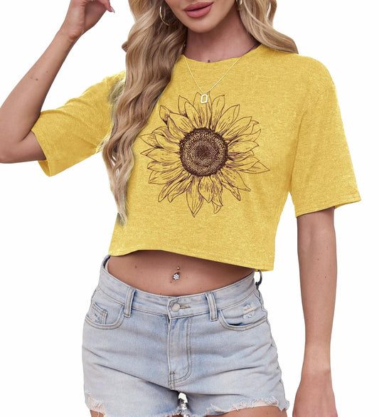 Womens Crop Top USA Graphic Tee Casual Rock Band Yellow Size XS