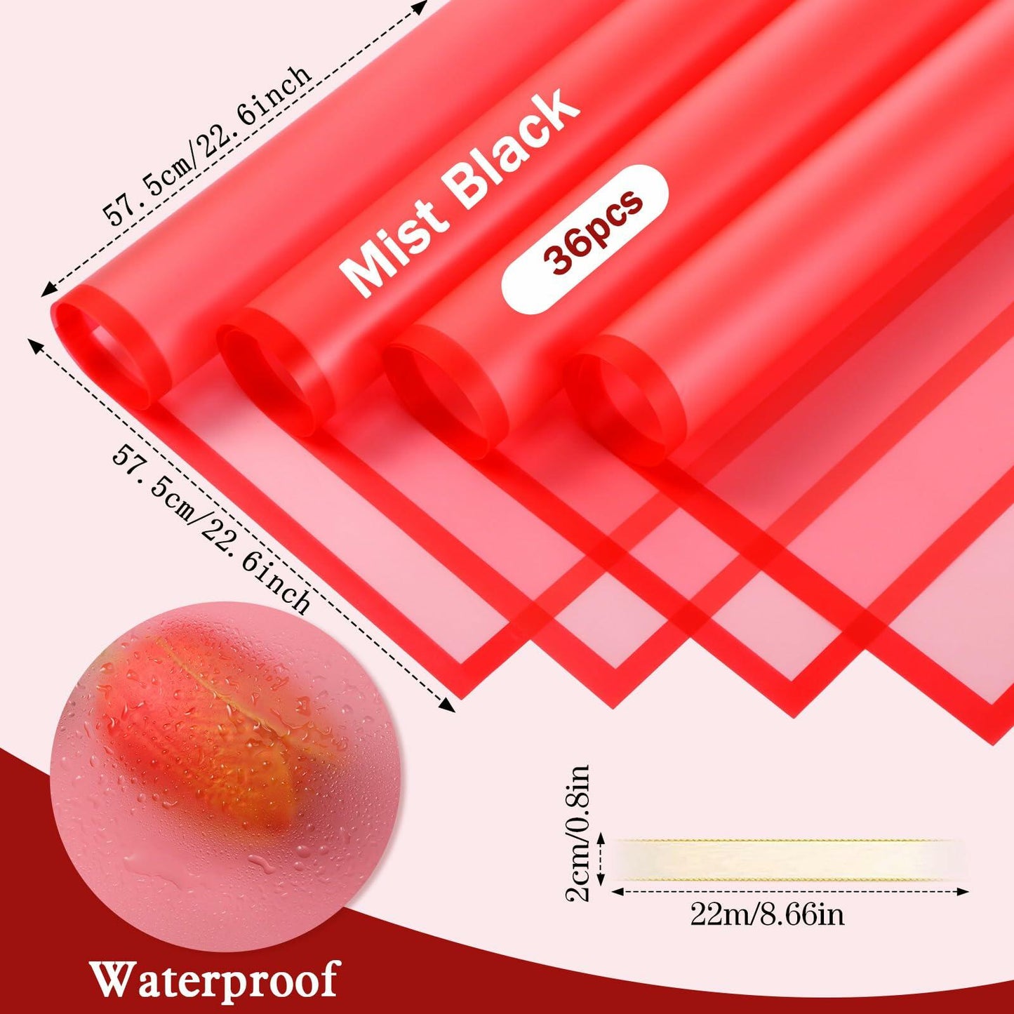 Tenare 36pcs Waterproof Flower Wrapping Paper & 50yd Satin Ribbon Red